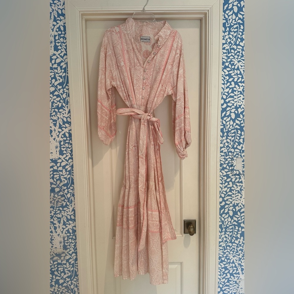 Sue Sartor, Paloma Flounce Dress, Asters + Zinnias Block Print, Pink, Size Small